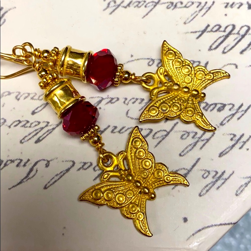 Handmade red gold butterfly earrings long artisan